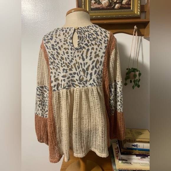 Ces Femme Pink and Gray Leopard Patchwork Boho Peasant Blouse - Picture 8 of 13